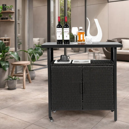 Outdoor Wicker Bar Cart, Patio Wine Serving Cart w/Wheels , Rolling Rattan Beverage Bar Counter Table w/Glass Top for Porch Backyard Garden Poolside Party, Black-海智集-Default-