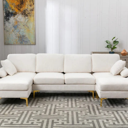 COOLMORE U-shape sectional sofa with Ottoman , Reversible Sofa Couch for Living Room,Spacious Furniture,Durable Couch Removable and machine washable cover (White Teddy)-海智集-Default-