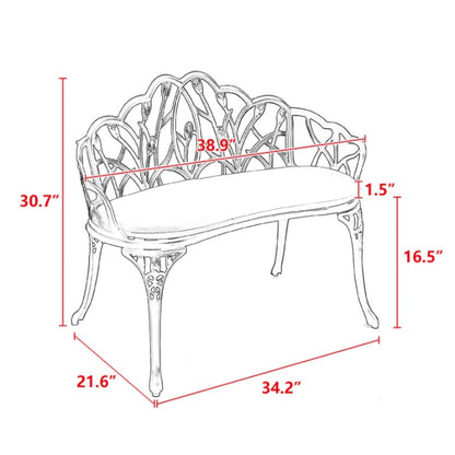 Tulip Patio Garden Bench Metal Park Bench Cast Aluminum Outdoor Furniture with Floral Rose for Patio,Park,Lawn,Yard with cushion-海智集-Default-