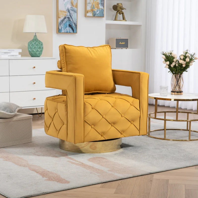 Swivel Accent Chair - Modern Accent Chair with Pillow, Velvet Armchair Side Chair with Tufted Button for Living Room, Bedroom, Office(yellow)-海智集-Default-
