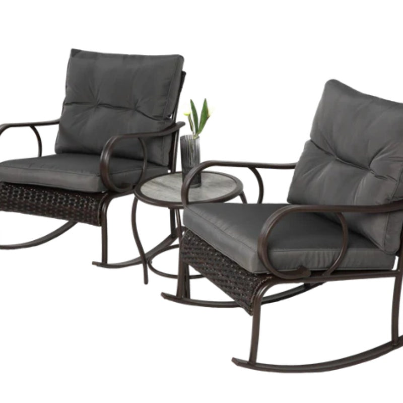 3 Pieces Patio Furniture Set Rocking Bistro Set Outdoor Rattan Conversation with Coffee Table for Garden Balcony Backyard Poolside-海智集-Default-