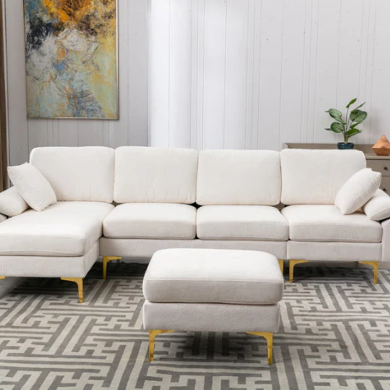 COOLMORE U-shape sectional sofa with Ottoman , Reversible Sofa Couch for Living Room,Spacious Furniture,Durable Couch Removable and machine washable cover (White Teddy)-海智集-Default-