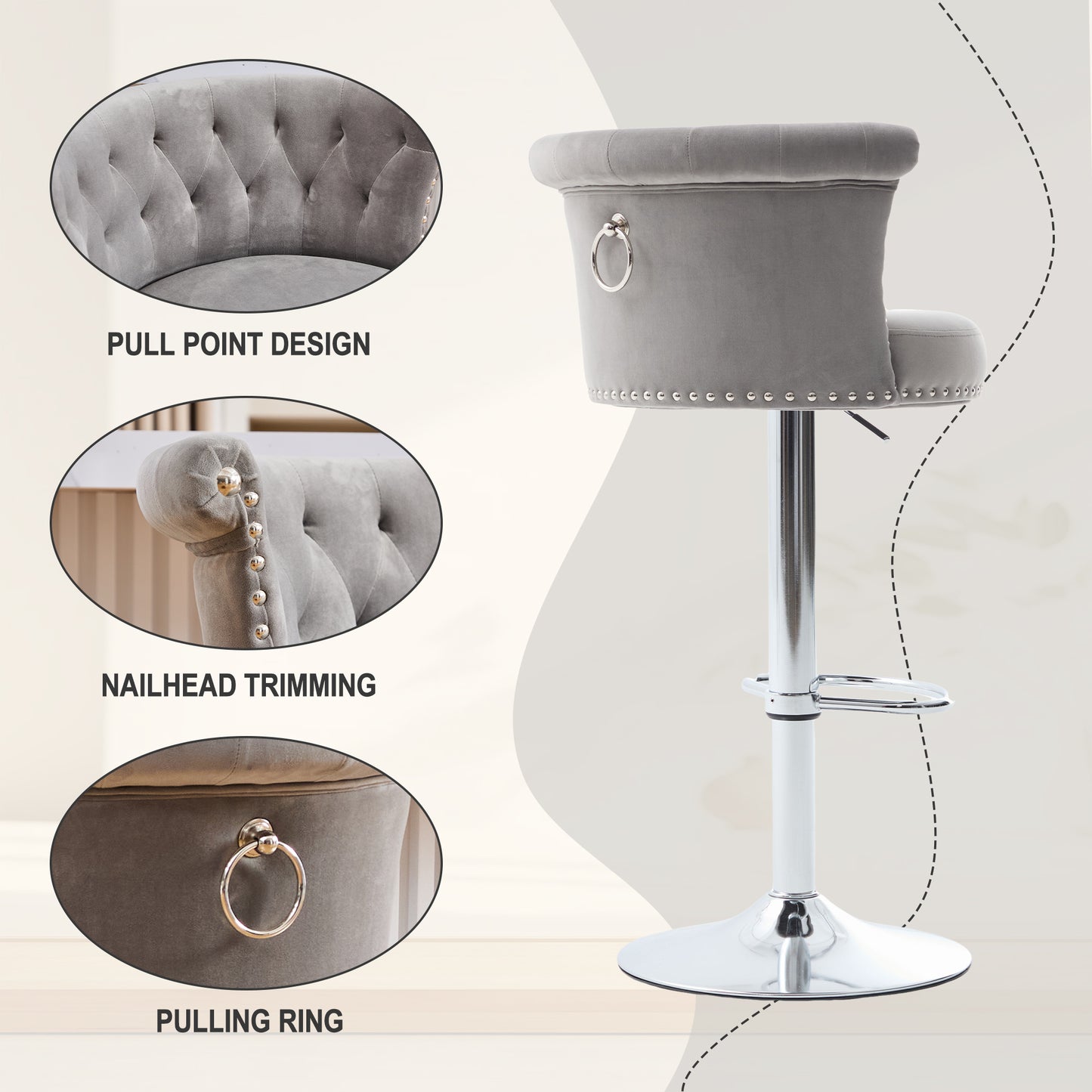 COOLMORE Velvet Bar Stool Set of 2, Adjustable Swivel Bar Stools with Silver Plated Metal Leg, Chrome Nailhead, Counter Height Chair for Kitchen,Dining Room-海智集-Default-