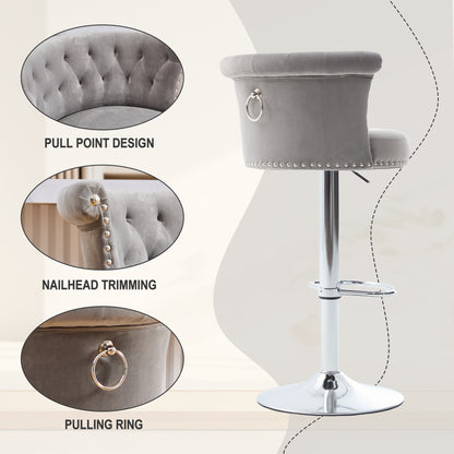 COOLMORE Velvet Bar Stool Set of 2, Adjustable Swivel Bar Stools with Silver Plated Metal Leg, Chrome Nailhead, Counter Height Chair for Kitchen,Dining Room-海智集-Default-