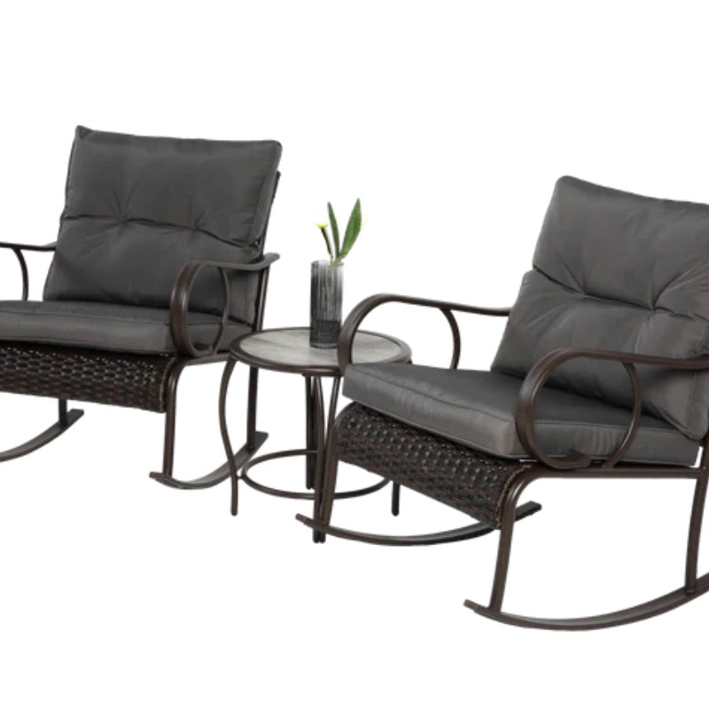 3 Pieces Patio Furniture Set Rocking Bistro Set Outdoor Rattan Conversation with Coffee Table for Garden Balcony Backyard Poolside-海智集-Default-