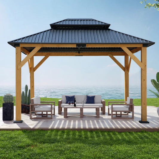 Fir Wood Carport Pavilion Gazebo, Wooden Coated steel Frame Canopy with Steel Double Roof, Outdoor Permanent Metal Pavilion with Netting for Patio-海智集-Default-