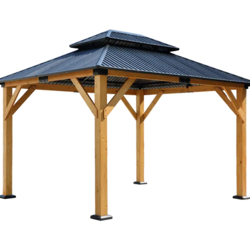 Fir Wood Carport Pavilion Gazebo, Wooden Coated steel Frame Canopy with Steel Double Roof, Outdoor Permanent Metal Pavilion with Netting for Patio-海智集-Default-