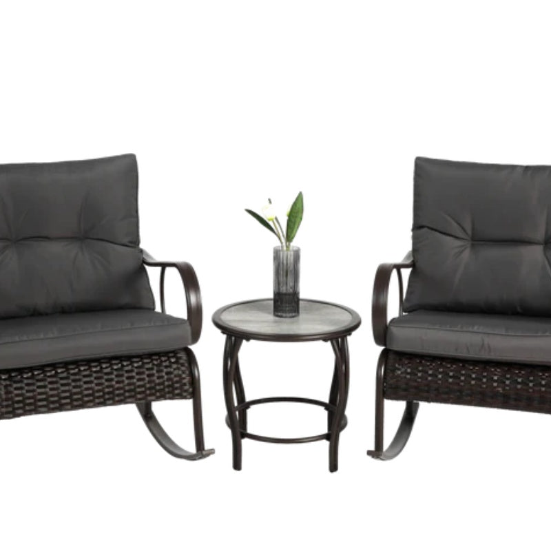 3 Pieces Patio Furniture Set Rocking Bistro Set Outdoor Rattan Conversation with Coffee Table for Garden Balcony Backyard Poolside-海智集-Default-