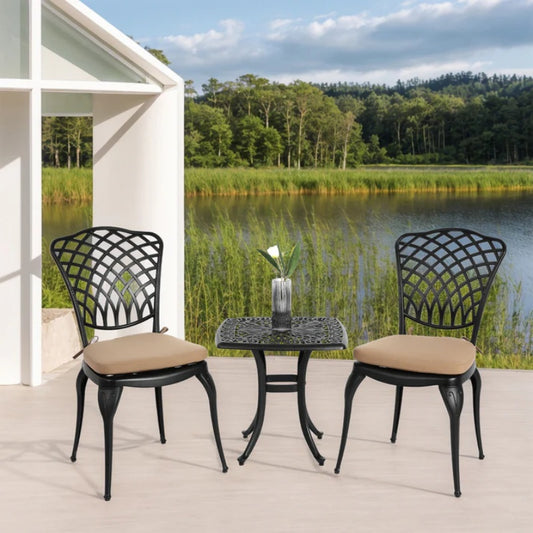 Bistro Set 3 Piece Rustproof Cast Aluminum Patio Furniture Sets 2 Chairs and 1 Round Table Outdoor, Garden, Patio, Balcony, with cushion black-海智集-Default-