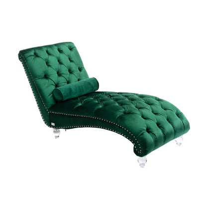 Velvet Button-Tufted Upholstered Chaise Lounge Chair with Pillow for Bedroom Living Room Office, Emerald Velvet-海智集-Default-