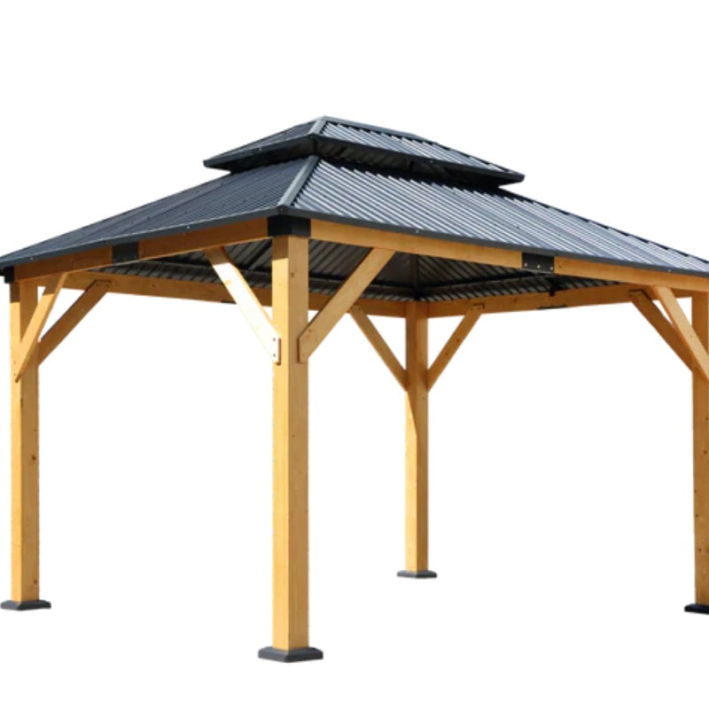 Fir Wood Carport Pavilion Gazebo, Wooden Coated steel Frame Canopy with Steel Double Roof, Outdoor Permanent Metal Pavilion with Netting for Patio-海智集-Default-
