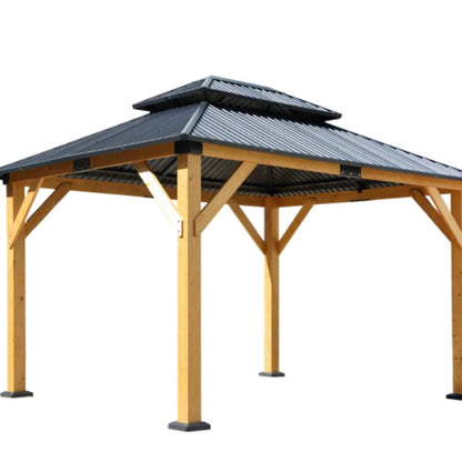 Fir Wood Carport Pavilion Gazebo, Wooden Coated steel Frame Canopy with Steel Double Roof, Outdoor Permanent Metal Pavilion with Netting for Patio-海智集-Default-