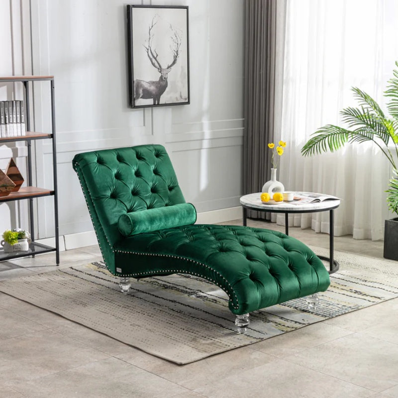 Velvet Button-Tufted Upholstered Chaise Lounge Chair with Pillow for Bedroom Living Room Office, Emerald Velvet-海智集-Default-