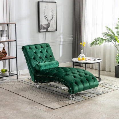 Velvet Button-Tufted Upholstered Chaise Lounge Chair with Pillow for Bedroom Living Room Office, Emerald Velvet-海智集-Default-