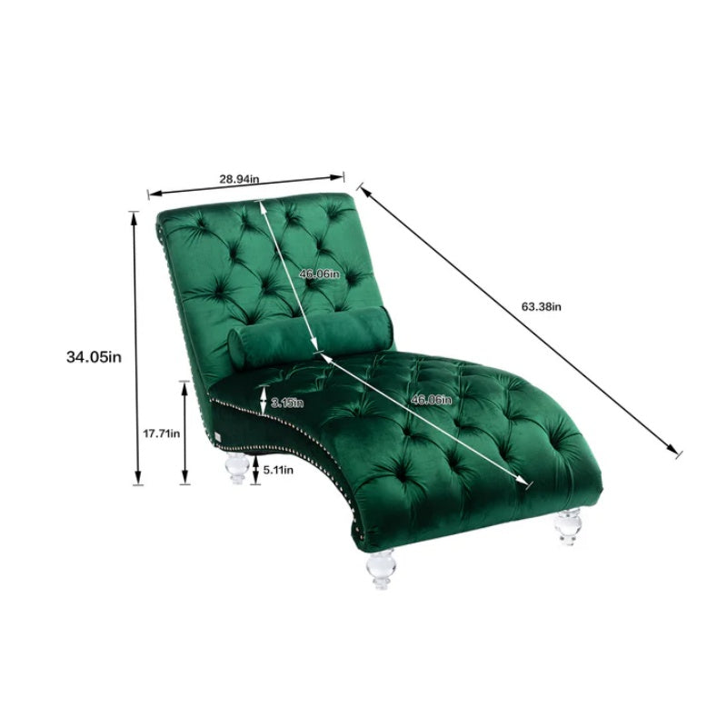Velvet Button-Tufted Upholstered Chaise Lounge Chair with Pillow for Bedroom Living Room Office, Emerald Velvet-海智集-Default-