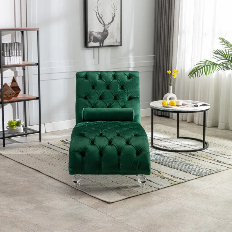 Velvet Button-Tufted Upholstered Chaise Lounge Chair with Pillow for Bedroom Living Room Office, Emerald Velvet-海智集-Default-