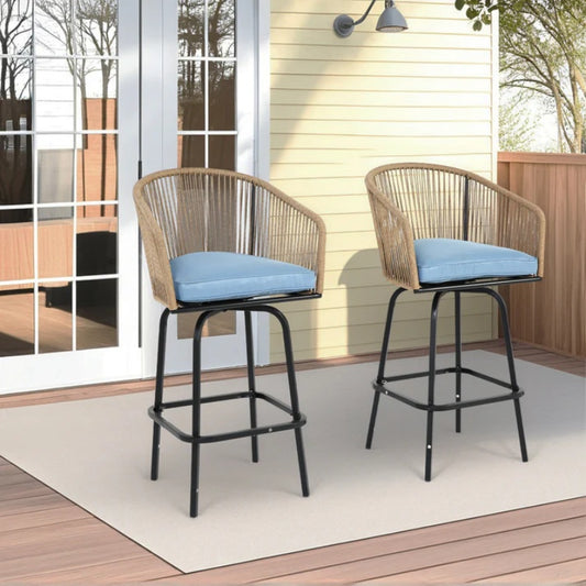Outdoor Bar Stools Set of 2, 2-Piece Patio Bar Stools with Armrests, All Weather Rattan Bar Chairs with Backrest, Wicker Bar Stools for Backyard, Garden, Pool, Balcony and Deck-Blue-海智集-Default-