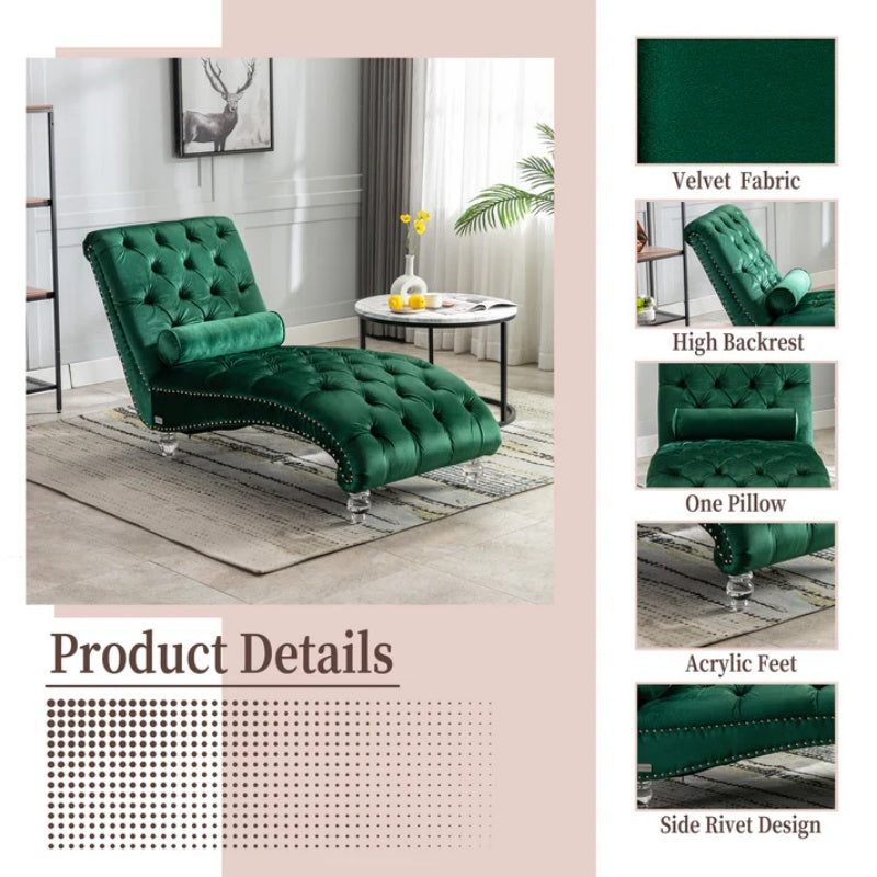 Velvet Button-Tufted Upholstered Chaise Lounge Chair with Pillow for Bedroom Living Room Office, Emerald Velvet-海智集-Default-