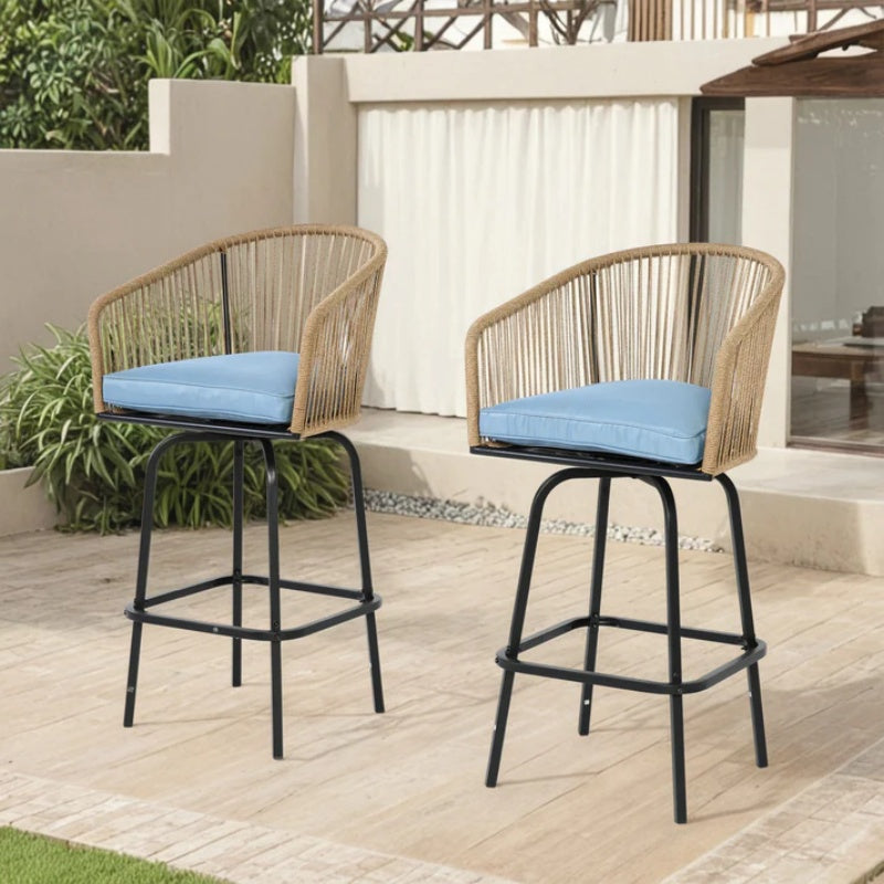 Outdoor Bar Stools Set of 2, 2-Piece Patio Bar Stools with Armrests, All Weather Rattan Bar Chairs with Backrest, Wicker Bar Stools for Backyard, Garden, Pool, Balcony and Deck-Blue-海智集-Default-