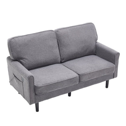 Mid Century Modern Loveseat Sofa, 2 Seater with USB & Removable Pillow Cover, Gray Boucle-海智集-Default-