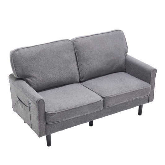 Mid Century Modern Loveseat Sofa, 2 Seater with USB & Removable Pillow Cover, Gray Boucle-海智集-Default-