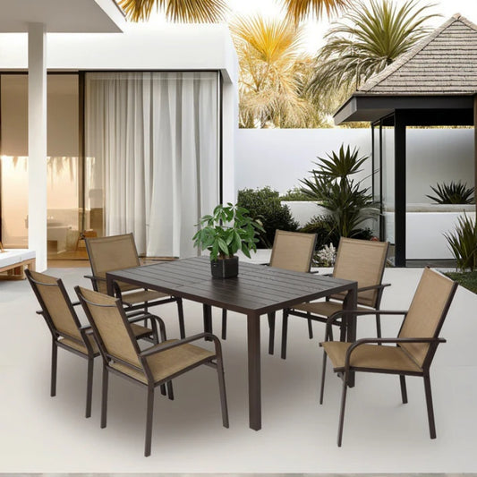 7 Pieces Patio Dining Set, Outdoor Furniture Table and 6 Textilene Chairs, Outdoor Furniture with Rectangular Table and 6 Stackable Chairs Family Conversation Set for Garden Backyard Deck-Brown-海智集-Default-