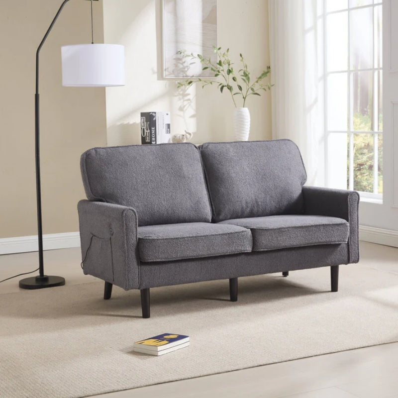 Mid Century Modern Loveseat Sofa, 2 Seater with USB & Removable Pillow Cover, Gray Boucle-海智集-Default-