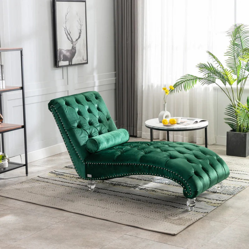 Velvet Button-Tufted Upholstered Chaise Lounge Chair with Pillow for Bedroom Living Room Office, Emerald Velvet-海智集-Default-
