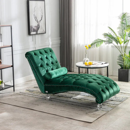 Velvet Button-Tufted Upholstered Chaise Lounge Chair with Pillow for Bedroom Living Room Office, Emerald Velvet-海智集-Default-