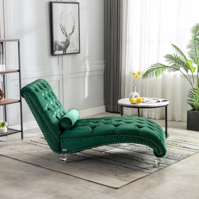 Velvet Button-Tufted Upholstered Chaise Lounge Chair with Pillow for Bedroom Living Room Office, Emerald Velvet-海智集-Default-