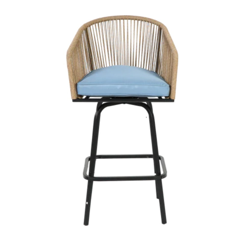 Outdoor Bar Stools Set of 2, 2-Piece Patio Bar Stools with Armrests, All Weather Rattan Bar Chairs with Backrest, Wicker Bar Stools for Backyard, Garden, Pool, Balcony and Deck-Blue-海智集-Default-