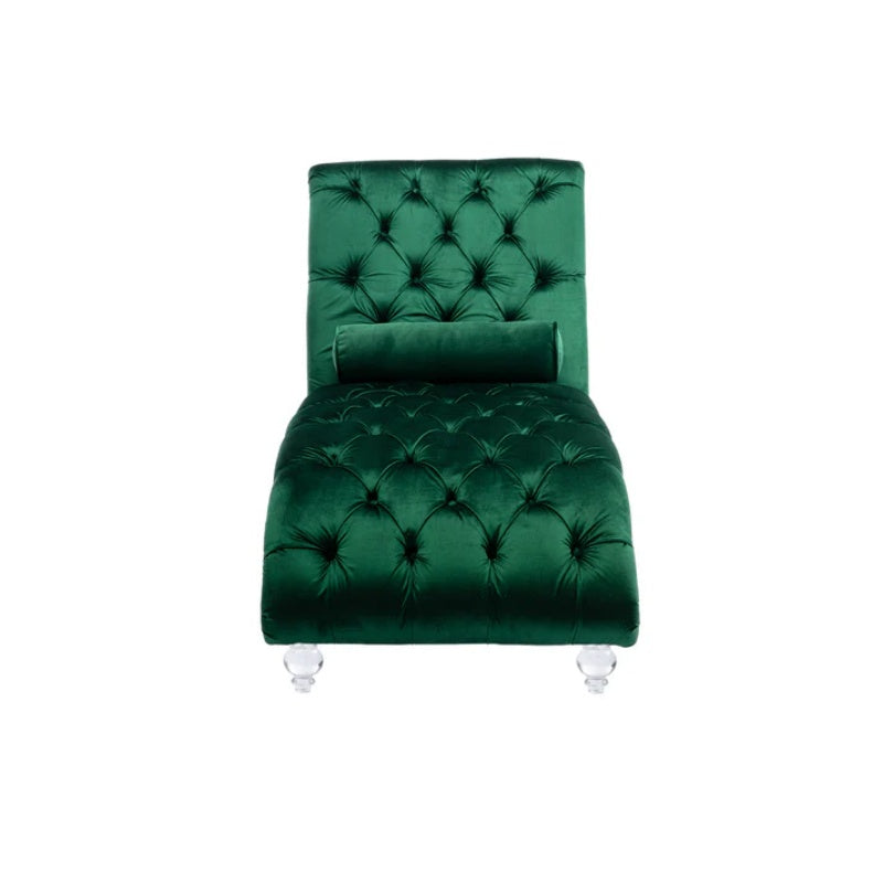 Velvet Button-Tufted Upholstered Chaise Lounge Chair with Pillow for Bedroom Living Room Office, Emerald Velvet-海智集-Default-