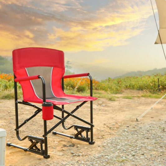 Outdoor Freestyle Rocker Camping Chair Portable Folding Rocking Chair with Solid, Durable Armrests, Drink Holder & Comfortable Backrest -Red-海智集-Default-