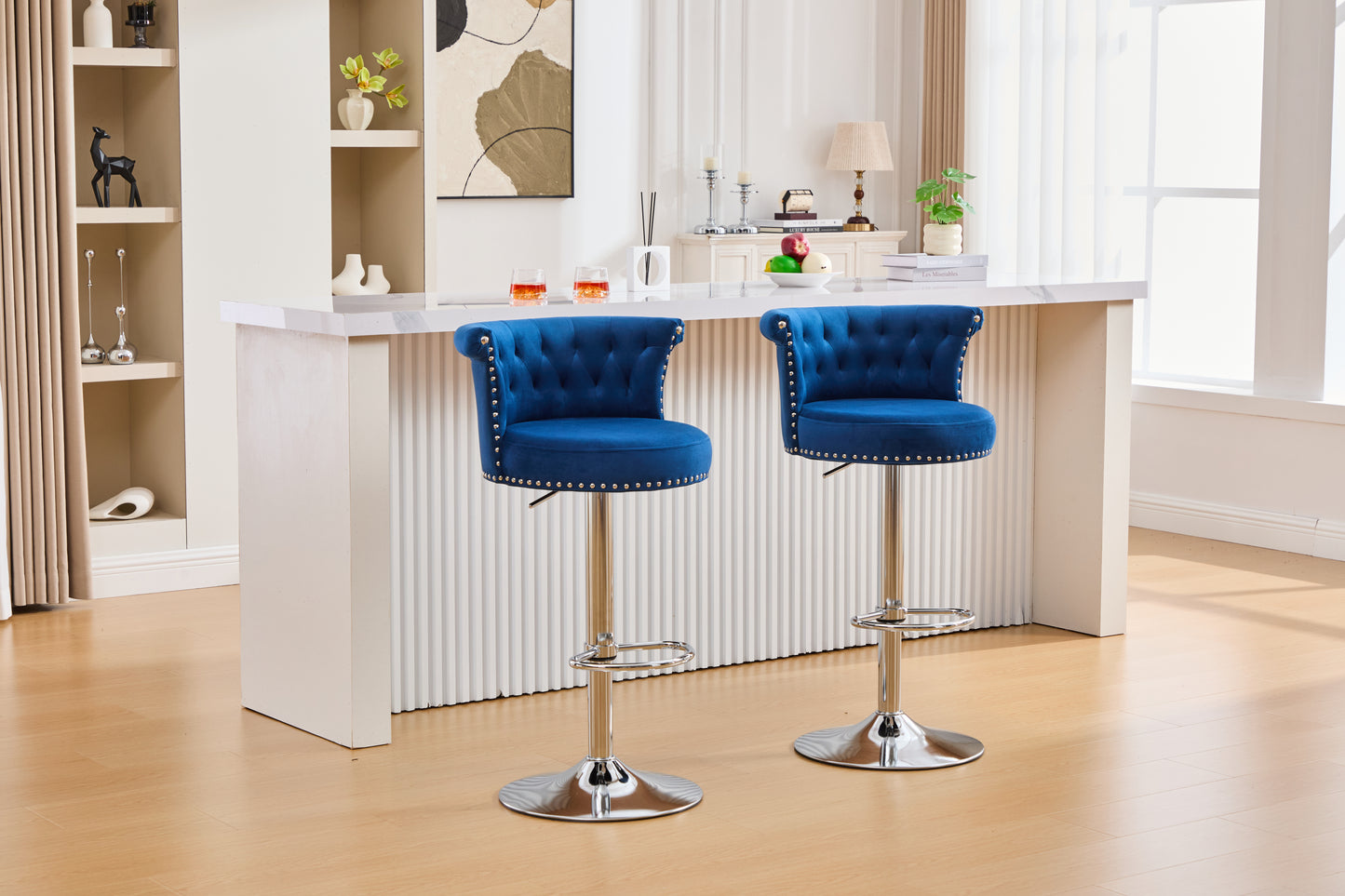 COOLMORE Velvet Bar Stool Set of 2, Adjustable Swivel Bar Stools with Silver Plated Metal Leg, Chrome Nailhead, Counter Height Chair for Kitchen,Dining Room-海智集-Default-