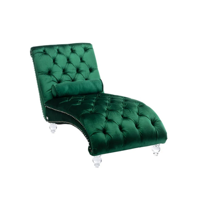 Velvet Button-Tufted Upholstered Chaise Lounge Chair with Pillow for Bedroom Living Room Office, Emerald Velvet-海智集-Default-