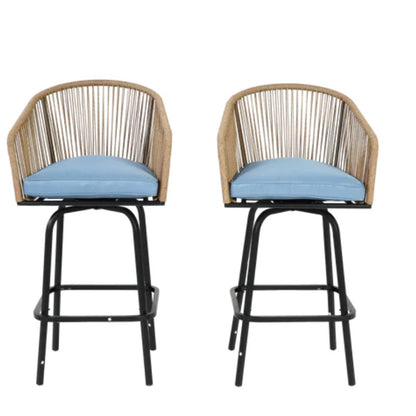 Outdoor Bar Stools Set of 2, 2-Piece Patio Bar Stools with Armrests, All Weather Rattan Bar Chairs with Backrest, Wicker Bar Stools for Backyard, Garden, Pool, Balcony and Deck-Blue-海智集-Default-