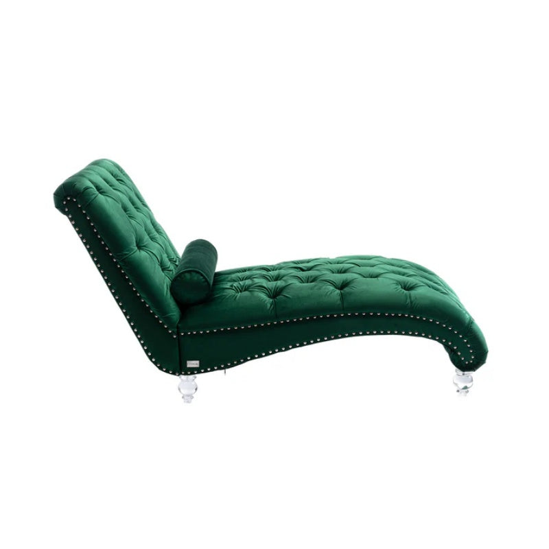 Velvet Button-Tufted Upholstered Chaise Lounge Chair with Pillow for Bedroom Living Room Office, Emerald Velvet-海智集-Default-