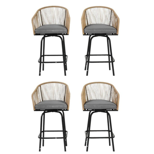 Outdoor Bar Stools Set of 4, 4-Piece Patio Bar Stools with Armrests, All Weather Rattan Bar Chairs with Backrest, Wicker Bar Stools for Backyard, Garden, Pool, Balcony and Deck-Grey-海智集-Default-