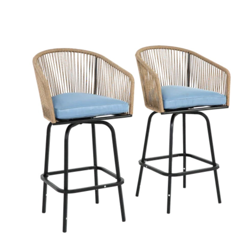 Outdoor Bar Stools Set of 2, 2-Piece Patio Bar Stools with Armrests, All Weather Rattan Bar Chairs with Backrest, Wicker Bar Stools for Backyard, Garden, Pool, Balcony and Deck-Blue-海智集-Default-
