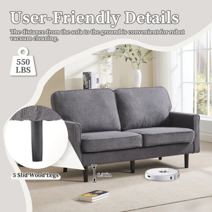 Mid Century Modern Loveseat Sofa, 2 Seater with USB & Removable Pillow Cover, Gray Boucle-海智集-Default-