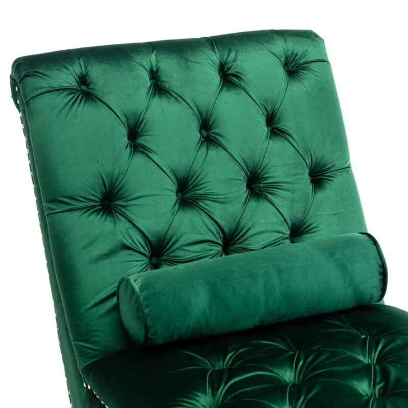 Velvet Button-Tufted Upholstered Chaise Lounge Chair with Pillow for Bedroom Living Room Office, Emerald Velvet-海智集-Default-