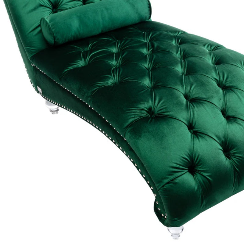 Velvet Button-Tufted Upholstered Chaise Lounge Chair with Pillow for Bedroom Living Room Office, Emerald Velvet-海智集-Default-