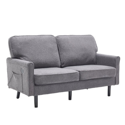 Mid Century Modern Loveseat Sofa, 2 Seater with USB & Removable Pillow Cover, Gray Boucle-海智集-Default-