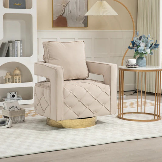 Swivel Accent Chair - Modern Accent Chair with Pillow, Velvet Armchair Side Chair with Tufted Button for Living Room, Bedroom, Office(Beige)-海智集-Default-
