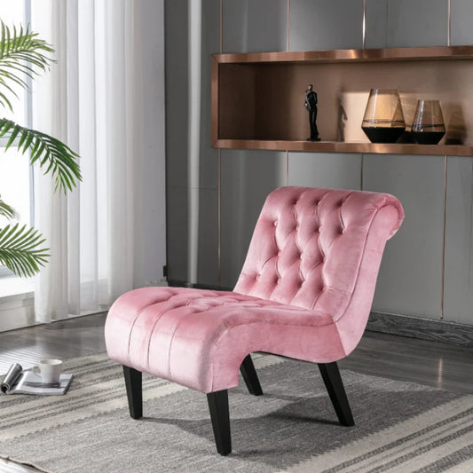 COOLMORE Modern Velvet Armless Accent Living Room Chair / Leisure Chair,Upholstered Fabric Button Comfortable Chair with Wooden Legs for Bedroom, Living Room, Office (Pink Velvet)-海智集-Default-
