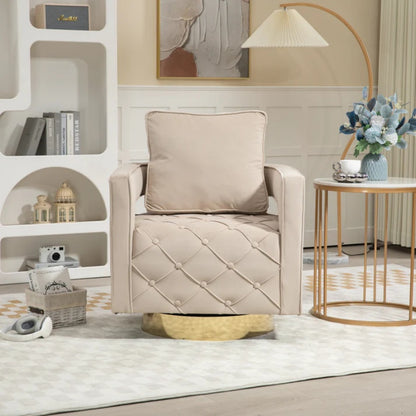 Swivel Accent Chair - Modern Accent Chair with Pillow, Velvet Armchair Side Chair with Tufted Button for Living Room, Bedroom, Office(Beige)-海智集-Default-