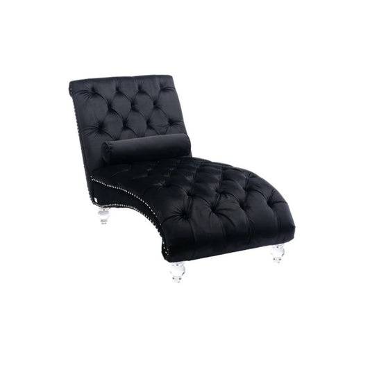 Velvet Chaise Lounge Indoor, Button-Tufted Upholstered Chair with Pillow, Black Velvet, 63.38x28.94x34.05 inches-海智集-Default-