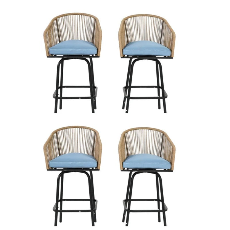 Outdoor Bar Stools Set of 4, 4-Piece Patio Bar Stools with Armrests, All Weather Rattan Bar Chairs with Backrest, Wicker Bar Stools for Backyard, Garden, Pool, Balcony and Deck-Blue-海智集-Default-