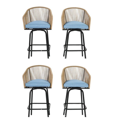 Outdoor Bar Stools Set of 4, 4-Piece Patio Bar Stools with Armrests, All Weather Rattan Bar Chairs with Backrest, Wicker Bar Stools for Backyard, Garden, Pool, Balcony and Deck-Blue-海智集-Default-