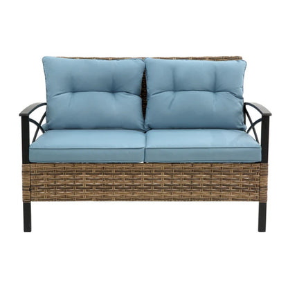 Patio 4 piece sectional low dining conversation sofa set- KD rattan wicker outdoor garden furniture corner sofa set with cushion.-海智集-Default-